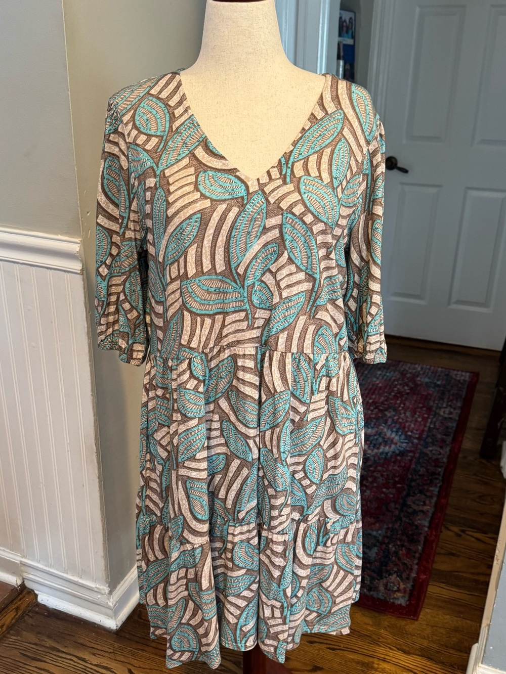 V-Neck Leaf Print Smocked Waist Dress - Teal & Taupe NWOT